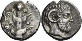 Cyrenaica, Cyrene. 
Tetradrachm circa 400-391, AR 13.21 g. Head of Zeus Ammon r. Rev. K – Y / P –A Silphium plant. BMC 73. SNG Copenhagen 1184.
Very...