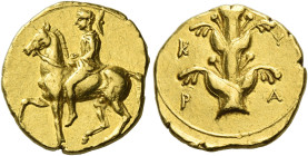 Cyrenaica, Cyrene. 
Drachm circa 375-308, AV 4.28 Rider on horseback prancing l.; wearing petasos. Rev. K – Y – P – A Silphium plant. BMC 124 (these ...