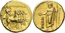 Cyrenaica, Cyrene. 
Stater, governor Ophellas circa 322-314, AV 8.62 g. Slow quadriga driven r. by Nike, holding kentron and reins; above, KΥΡANAIΩN....