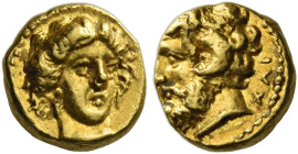 Cyrenaica, Cyrene. 
Tenth Stater, governor Ophellas, magistrate Chairis circa 322-314, AV 0.86 g. Head of Ammon l.; in r. field, XAI. Rev. Head of th...