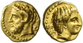 Cyrenaica, Cyrene. 
Tenth Stater, governor Ophellas, magistrate Polianthes circa 322-314, AV 0.86 g. Head of Zeus Ammon l; in r. field, ΠO. Rev. KY H...
