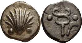 Latium, Roma. 
Sextans circa 240, Æ 49.35 g. Cockle-shell seen from above; below, two pellets. Rev. Caduceus; on either side of which, pellet and to ...