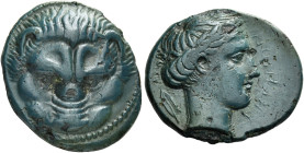 Rhegium. 
Bronze circa 415-387, Æ 4.83 g. Lion mask. Rev. PHΓINON Laureate head of Apollo r.; behind, olive leaf. McClean pl. 60, 11. SNG ANS 684. Ru...