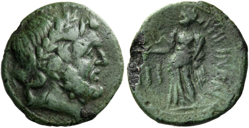 Rhegium. 
Tetras circa 215-150, Æ 1.65 g. Laureate head of Asklepios r. Rev. PH...