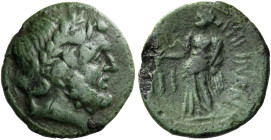 Rhegium. 
Tetras circa 215-150, Æ 1.65 g. Laureate head of Asklepios r. Rev. PHEΓINΩN Hygieia standing l., holding serpent; in l. field, III. SNG ANS...