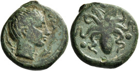 Syracuse. 
Trias circa 415-410, Æ 3.72 g. Head of nymph Arethusa r.; dolphins flanking. Rev. Octopus; around, three pellets. Calciati 1.
Wonderful b...