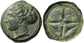 Syracuse. 
Hemilitra circa 400, Æ 3.77 g. Head of nymph Arethusa l., wearing necklace, hair in ampyx and sphendone. Rev. ΣY – PA Wheel with dolphins ...