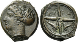Syracuse. 
Hemilitra circa 400, Æ 4.00 g. Head of nymph Arethusa l., wearing necklace, hair in ampyx and sphendone. Rev. ΣY – PA Wheel with dolphins ...