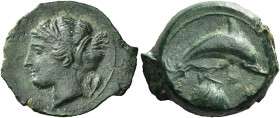 Syracuse. 
Hemilitra circa 400, Æ 3.79 g. Head of nymph Arethusa l., wearing sphendone; in r. field, olive twig. Rev. ΣY – PA Dolphin r.; below, shel...