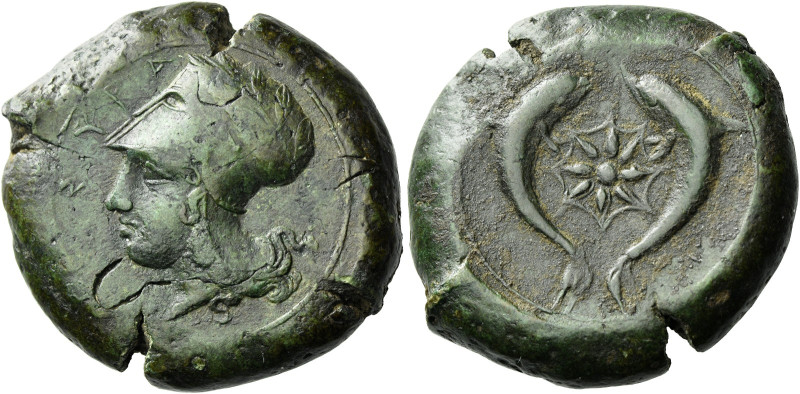 Syracuse. 
Drachm circa 380-360, Æ 28.58 g. ΣYPA Head of Athena l., wearing Cor...