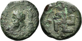 Syracuse. 
Hemilitra (?) 344-336, Æ 7.72 g. IΕΥΣ ΕΛ ? ΕΥΘΕΡΙΟΣ Laureate head of Zeus l.; behind, thunderbolt upright. Rev. [ΣΥΡΑΚΟΣΙΩΝ] Swastika. Cal...