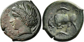 Syracuse. 
Bronze circa 317-305, Æ 9.11 g. ΣYPAKOΣIΩN Head of Persephone l.; behind grain. Rev. Bull butting l.; above, dolphin and NI, below, dolphi...