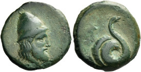 Thessaly, Homolion. 
Bronze circa 360, Æ 4.66 g. Bearded head of the hero Philoctetes r., wearing pileus. Rev. Coiled serpent. SNG Copenhagen 71. Laf...