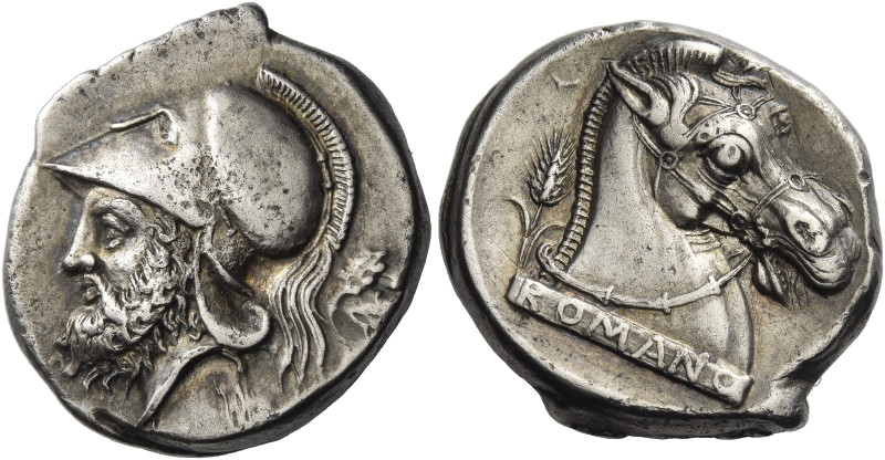 Didrachm, Neapolis circa 310-300, AR 7.46 g. Helmeted head of bearded Mars l.; b...