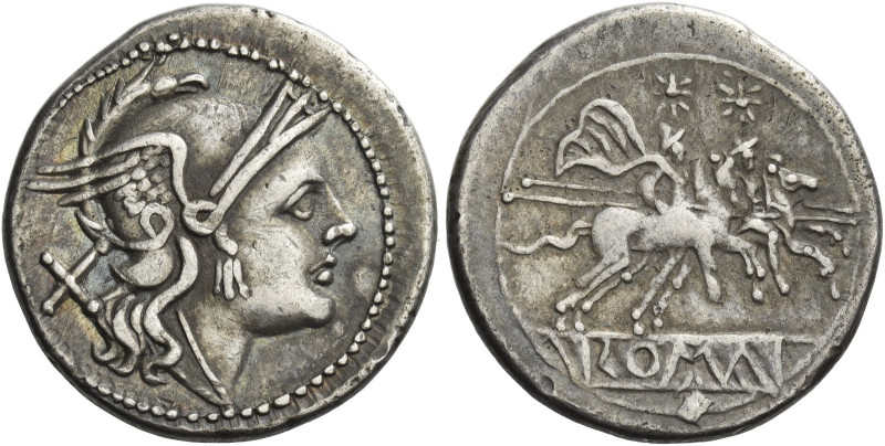 Denarius circa 214-213, AR 4.34 g. Helmeted head of Roma r.; behind, X. Rev. The...