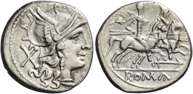 Denarius circa 179-170, AR 3.26 g. Helmeted head of Roma r.; behind, X. Rev. The...