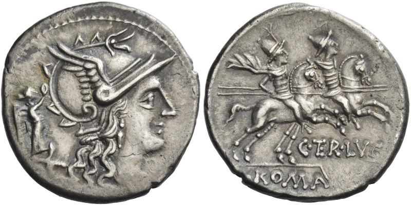 C. Terentius Lucanus. 
Denarius 147, AR 3.72 g. Helmeted head of Roma r., wreat...