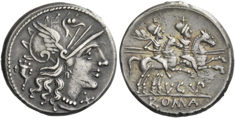 L. Cupiennus. 
Denarius 147, AR 4.34 g. Helmeted head of Roma r.; behind, cornu...