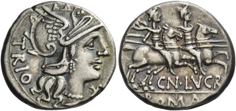 Cn. Lucretius Trio. 
Denarius 136, AR 3.91 g. Helmeted head of Roma r.; below c...