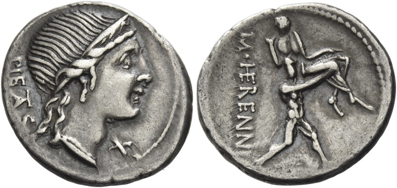 M. Herennius. 
Denarius 108 or 107, AR 3.83 g. PIETAS Diademed head of Pietas r...