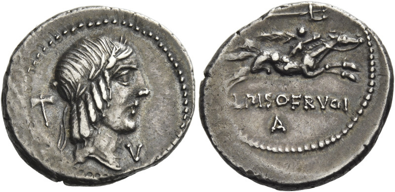 L. Piso Frugi. 
Denarius 90, AR 3.78 g. Laureate head of Apollo r.; behind, dou...