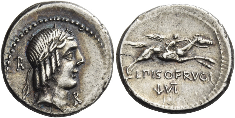 L. Piso Frugi. 
Denarius 90, AR 3.95 g. Laureate head of Apollo r.; behind, R a...