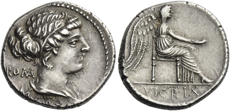 M. Cato. 
Denarius 89, AR 4.02 g. Diademed and draped female bust r., behind, R...