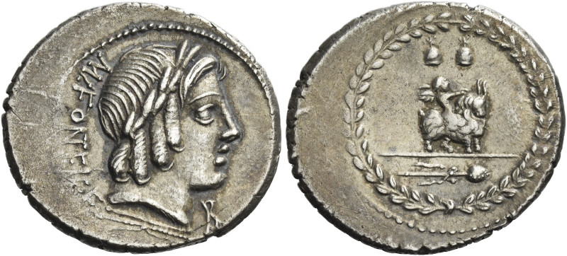 Mn. Fonteius C.f. 
Denarius 85, AR 3.65 g. Laureate head of Apollo Veiovis r.; ...