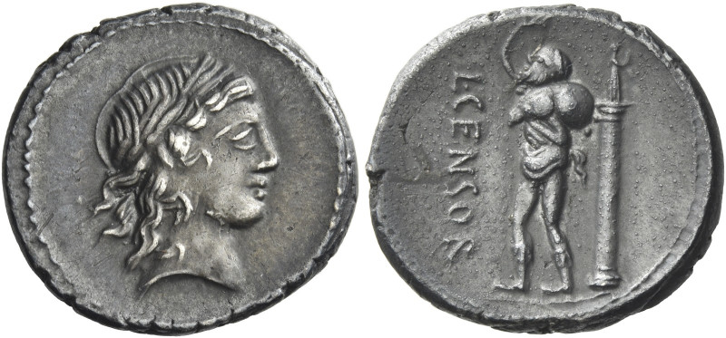 L. Marcius Censorinus. 
Denarius 82, AR 3.78 g. Laureate head of Apollo r. Rev....