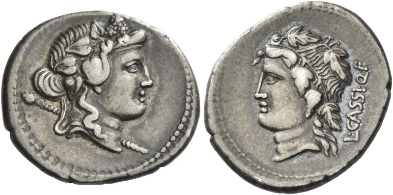 L. Cassius Q. f. 
Denarius 78, AR 3.94 g. Ivy-wreathed head of Liber r., with t...