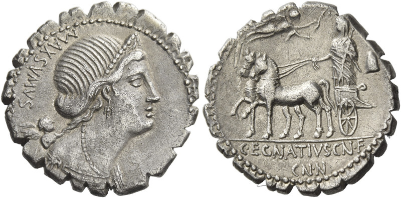 C. Egnatius Cn. f. Cn. n. Maxumus. 
Denarius serratus 75, AR 3.80 g. Diademed a...