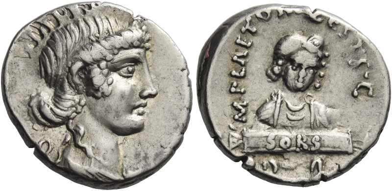 M. Plaetorius M. f. Cestianus. 
Denarius 69, AR 4.02 g. Draped female bust r.; ...