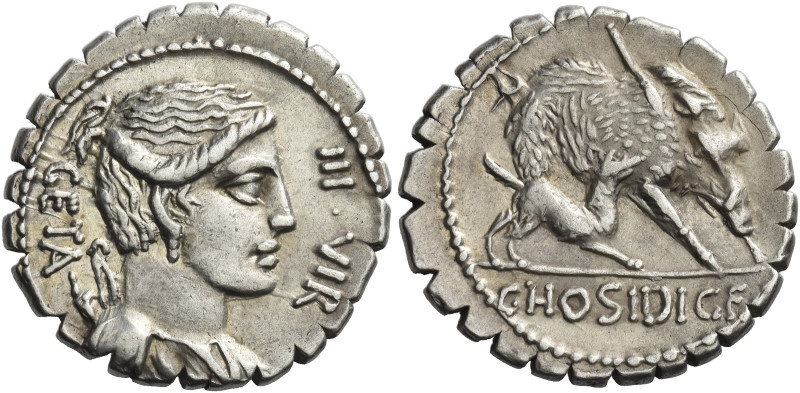 C. Hosidius C.f. Geta. 
Denarius serratus 68, AR 3.97 g. GETA – III·VIR Draped ...