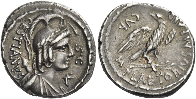 M. Plaetorius M.f. Caestianus. 
Denarius 67, AR 3.93 g. Bust r. with the attrib...