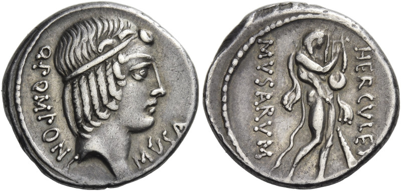 Q. Pomponius Musa. 
Denarius 66, AR 4.17 g. Q·POMPONI – MVSA Head of Apollo r.,...