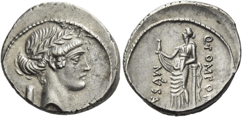 Q. Pomponius Musa. 
Denarius 66, AR 3.75 g. Laureate head of Apollo r.; behind,...