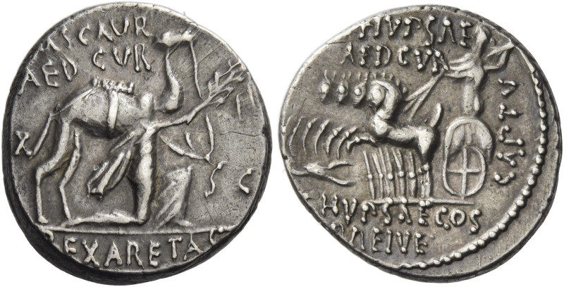 M. Aemilius Scaurus, P. Plautius Hypsaeus. 
Denarius 58, AR 3.94 g. M·SCAVR / A...