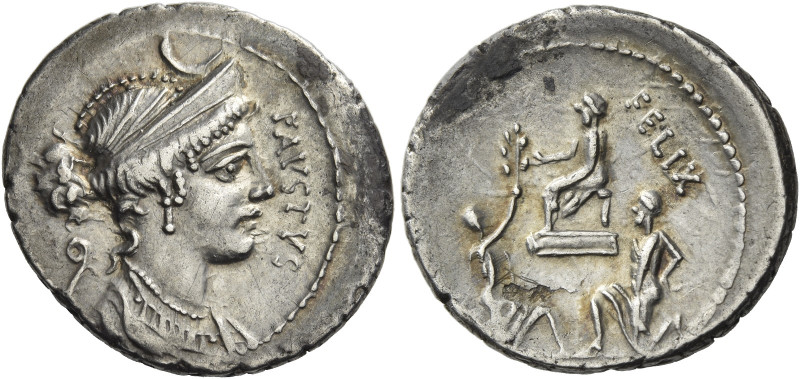 Faustus Cornelius Sulla. 
Denarius 56, AR 3.71 g. FAVSTVS Diademed and draped b...