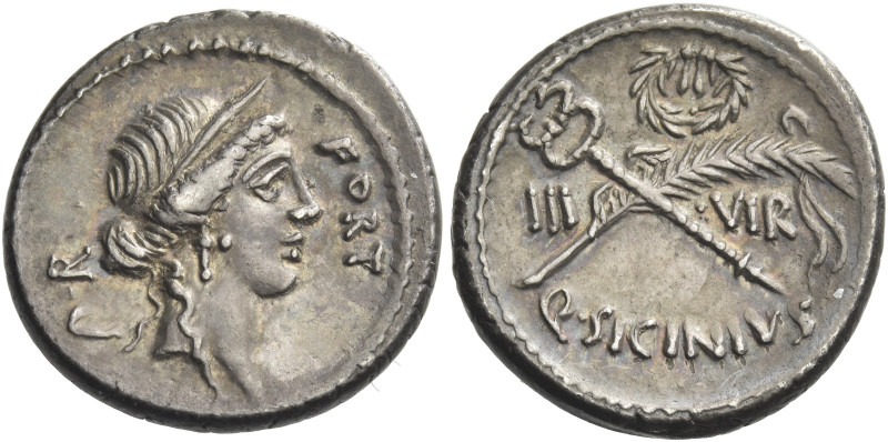 Q. Sicinius. 
Denarius 49, AR 3.77 g. FORT – P·R Diademed head of Fortuna Popul...