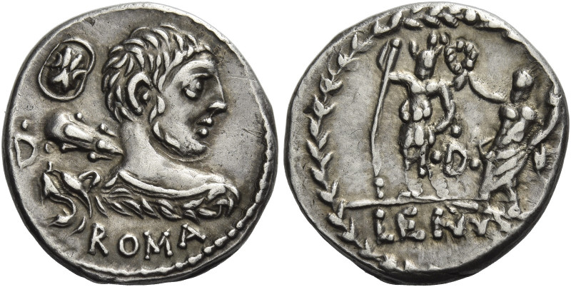 P. Cornelius Lentulus Marcellinus. 
Denarius circa 100, AR 3.33 g. Bust of Herc...