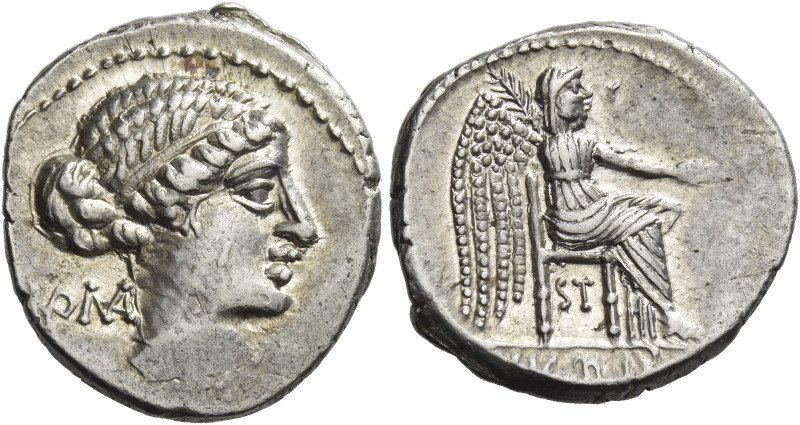 M. Cato. 
Denarius 89, AR 4.05 g. Diademed and draped female bust r., behind, R...