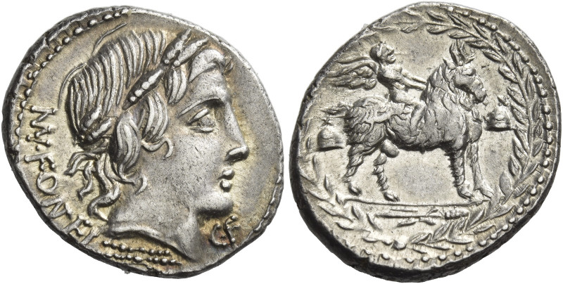 Mn. Fonteius C.f,. 
Denarius 85, AR 3.98 g. MN·FONTEI Laureate head of Apollo r...