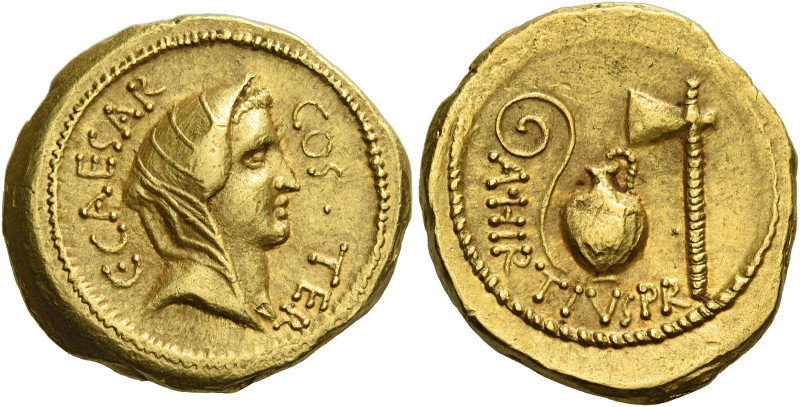 C. Iulius Caesar and A. Hirtius. 
Aureus 46, AV 7.95 g. C CAESAR – COS TER Veil...