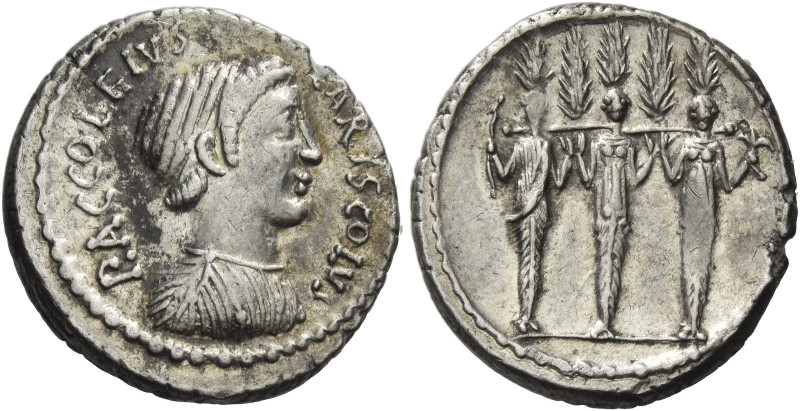 P. Accoleius Lariscolus. 
Denarius 41, AR 3.80 g. P.ACCOLEIVS – [L]ARISCOLVS Dr...