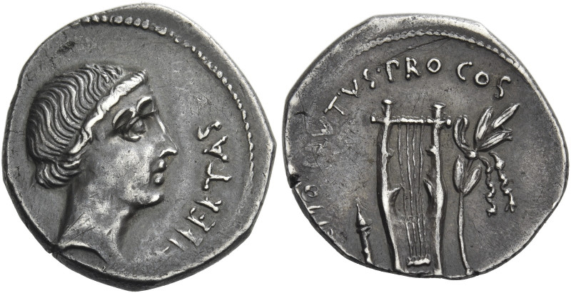 Q. Caepio Brutus. 
Denarius, mint moving with Brutus 43-42, AR 3.93 g. LEIBERTA...