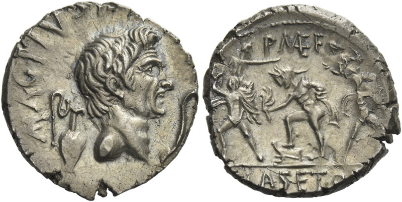 Sextus Pompeius. 
Denarius, Sicily 37-36, AR 3.84 g. MAG·PIVS·I[MP·ITER] Head o...