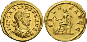 Carinus caesar, 282 – 283. 
Aureus circa 283-285, AV 5.44 g. IMP CARINVS P F AVG Laureate, draped and cuirassed bust r. Rev. SALV – S AVGG Salus seat...