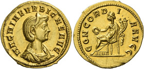 Magnia Urbica, wife of Carinus. 
Aureus, Siscia 283, AV 4.10 g. MAGNIAE VRBICAE AVG Diademed and draped bust r. Rev. CONCORD – I – A AVGG Concordia s...