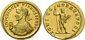 Diocletian, 284 – 305. 
Aureus, Siscia 286, AV 5.36 g. IMP C DIOCLETIANVS P F AVG Laureate and cuirassed half bust l., with r. hand raised. Rev. IOVI...