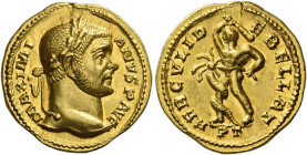 Maximian Herculius first reign, 286 – 305. 
Aureus, Treveri circa 294, AV 5.36 g. MAXIMI – ANVS P AVG Laureate head r. Rev. HERCVLI D – EBELLAT Hercu...
